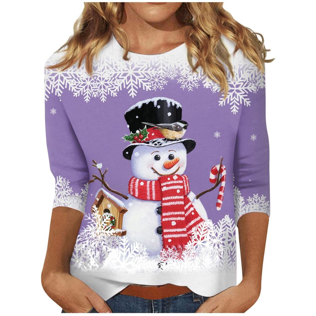 Spring and Autumn Round Neck Christmas Themed Pattern 3D Printed Top Fashionable Casual Long Sleeved Women's T-shirts