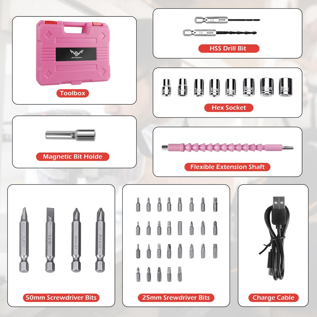 1/8/47PCS Pink Screwdriver 3.6v USB Rechargeable Power Supply Impact Cordless Electric Screwdriver