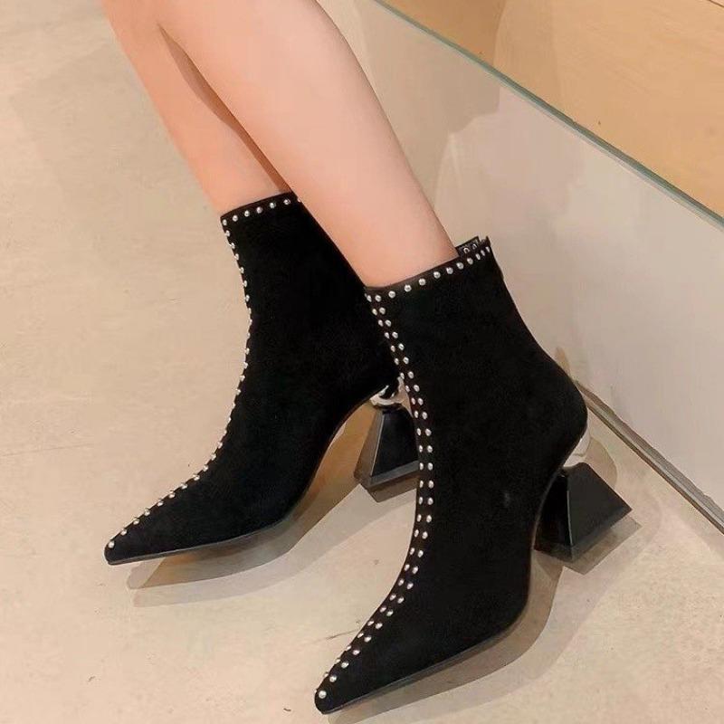 Fashion Women Ankle Boots 2024 Shallow Spring Autumn Winter Pointed Toe Designer Ladies Short Back Zip Sexy Suede High Heels Mom Shoes