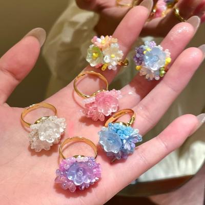 Dopamine Hydrangea Flower Ring Female Niche Design Sweet Beaded Finger Ring