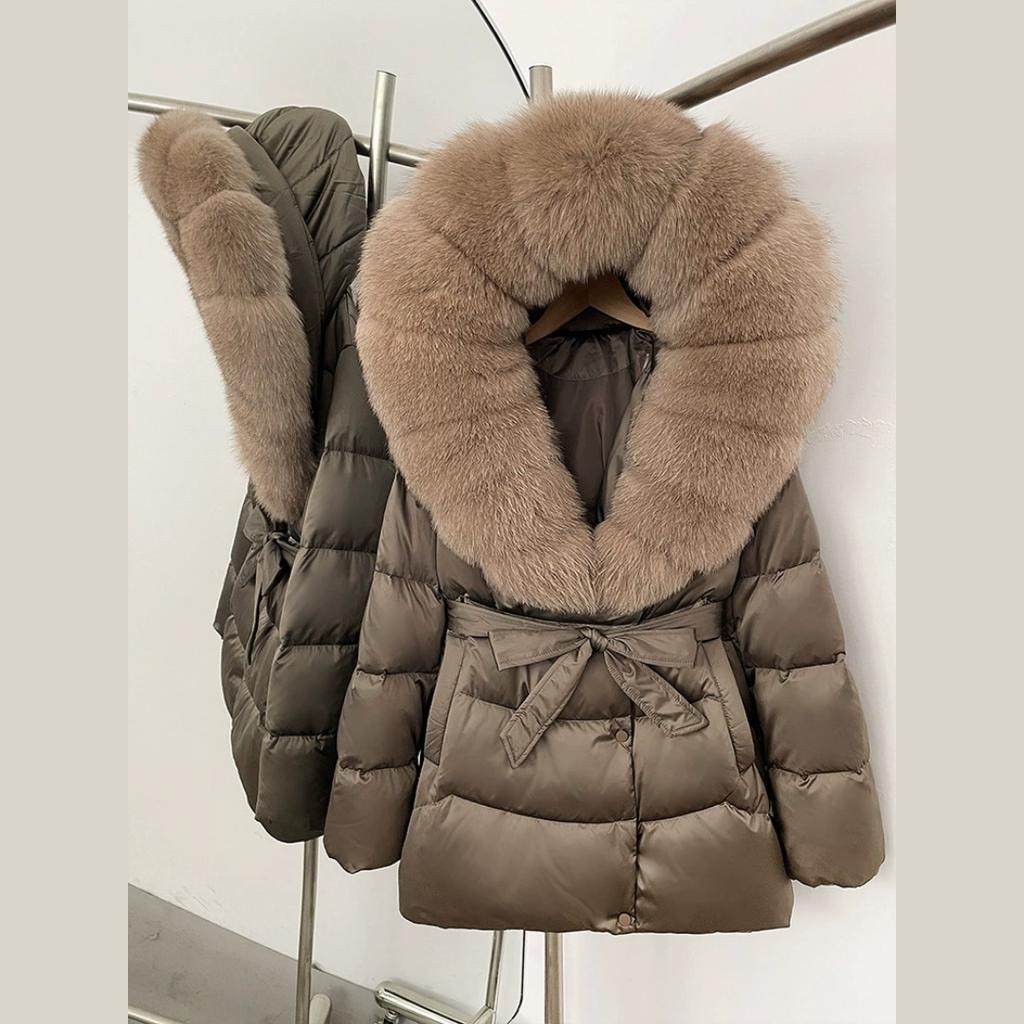 Winter Fox Big Fur Collar High-end Thickened Down Jacket Women's Mid-length Waist Imitation Leather Jacket
