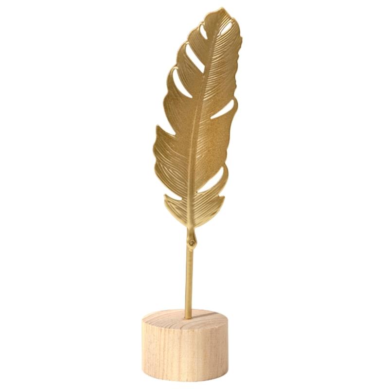 Nordic Iron Art Ginkgo Leaf Statue Sculpture with Wood Base Desktops Decorations Home Living Room Book Shelf Ornament
