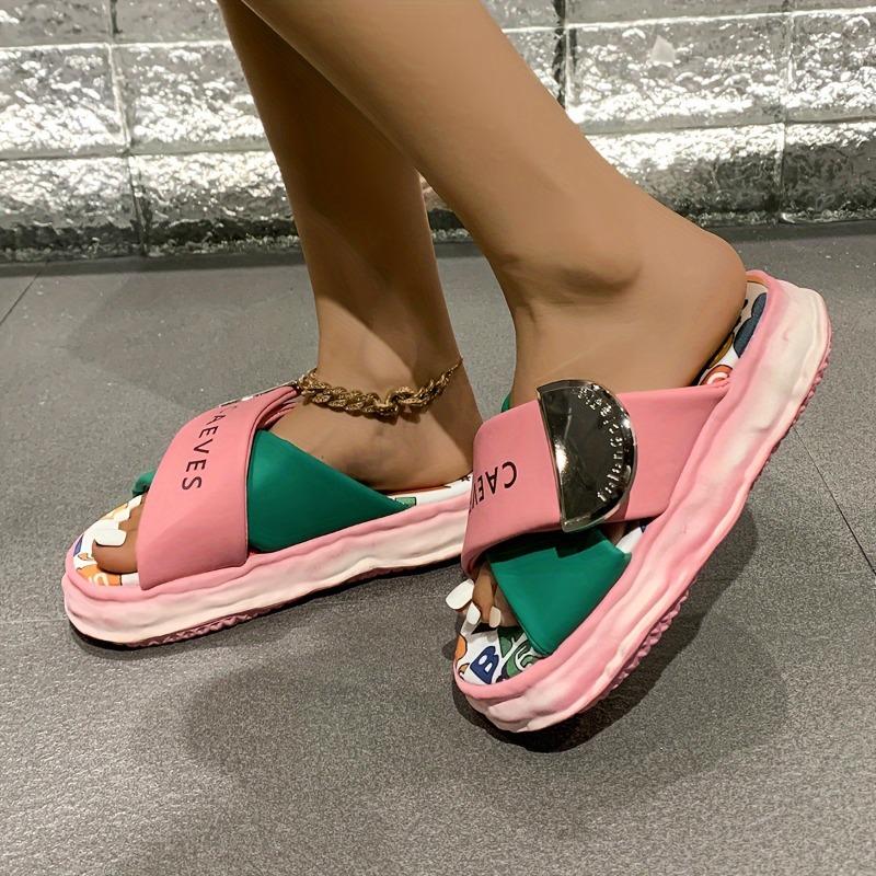 Women's Cute Cartoon Platform Slide Sandals - Open Toe, Thick Sole, PU Cover, All-Season Fashion Shoes