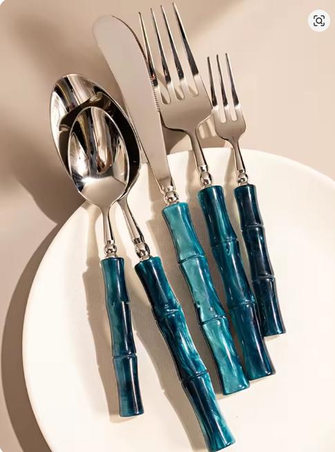

5PCS New Resin Cutlery Bamboo Style stainless steel 304 Blue Classical Flatware Dinnerware Set Luxury Cutler Easy to Clean синий