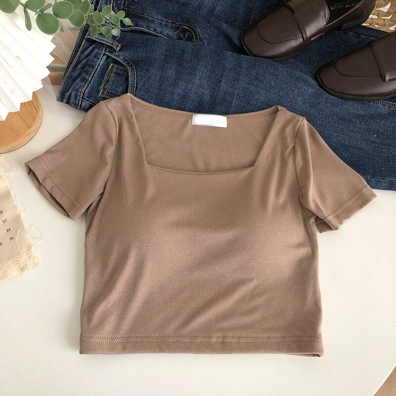 

Короткі топи ITOOLIN зі вбудованим бюстгальтером. Жіноча бавовняна одноколірна футболка з круглим вирізом. Літні повсякденні для жінок. Тонкі топи з короткими рукавами 2023 One Size кавовий