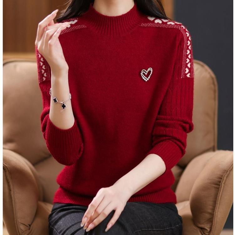 Half Turtleneck Sweater Solid-color Fashionable Knitted Sweater for Women Loose Long-sleeved Casual Pullover Autumn and Winter