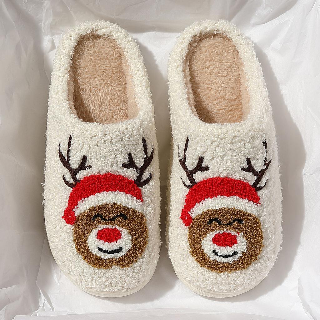 New Christmas Elk Cotton Slippers Non-slip Thick Bottom Plush Winter Indoor Home New
