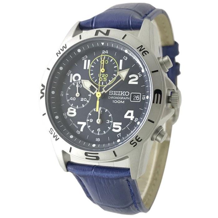 SEIKO Chronograph Watch with Leather Strap – SND379P-BL (Navy Blue)