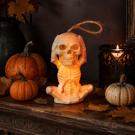 Glowing Skull Decor Halloween Skeleton Decoration with LED Light, Spooky Lighted Plastic Hollow Ornament Rope for Haunted House Home Party Table