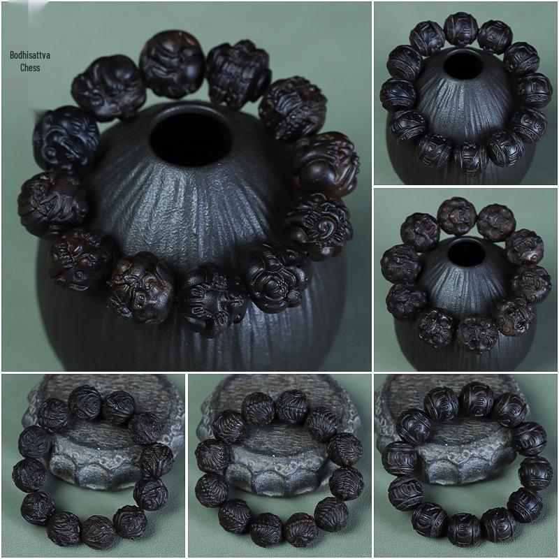 Bodhisattva Exquisitely Carved Agarwood & Sandalwood 20mm Buddhist Prayer Beads Bracelet