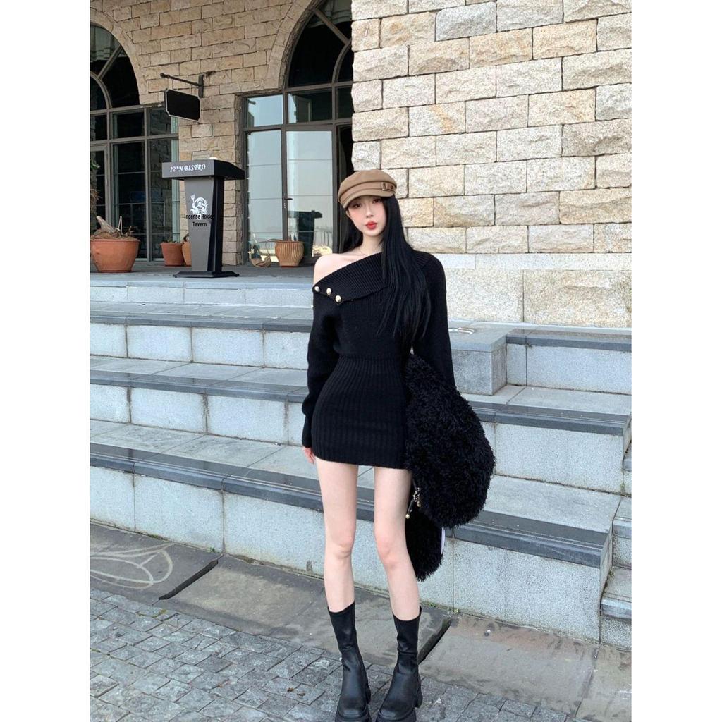 Slim-Fit One-Shoulder Knitted Dress: Sexy, Waist-Cinching, Long-Sleeved, Irregular Hem, Short Skirt for Women’s Autumn Style