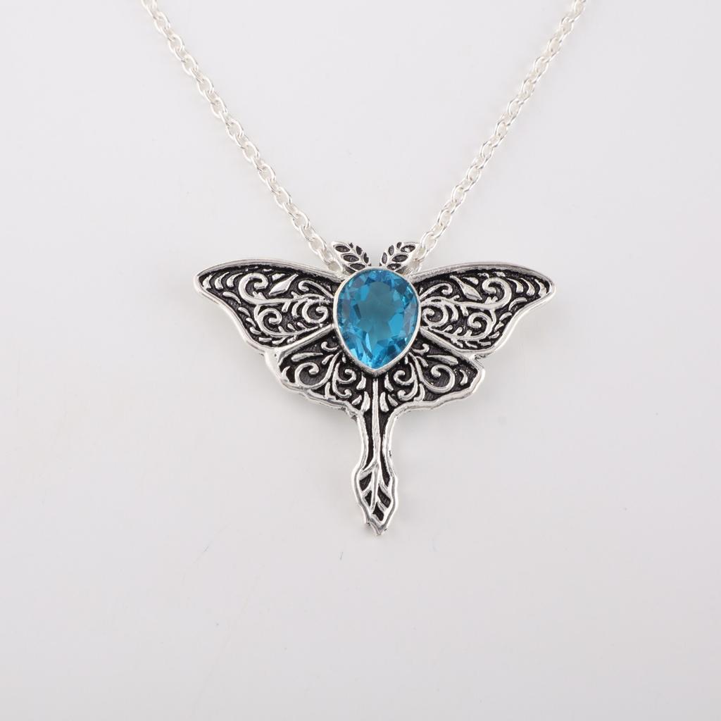 Swiss Blue Topaz  Gemstone 925 Sterling Silver Boho Jewelry Vintage Pendant 1.2" CP-31-1
