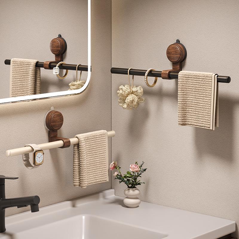 Suction cup walnut towel rack without punching holes bathroom towel pole single pole towel hanging pole hanging rack