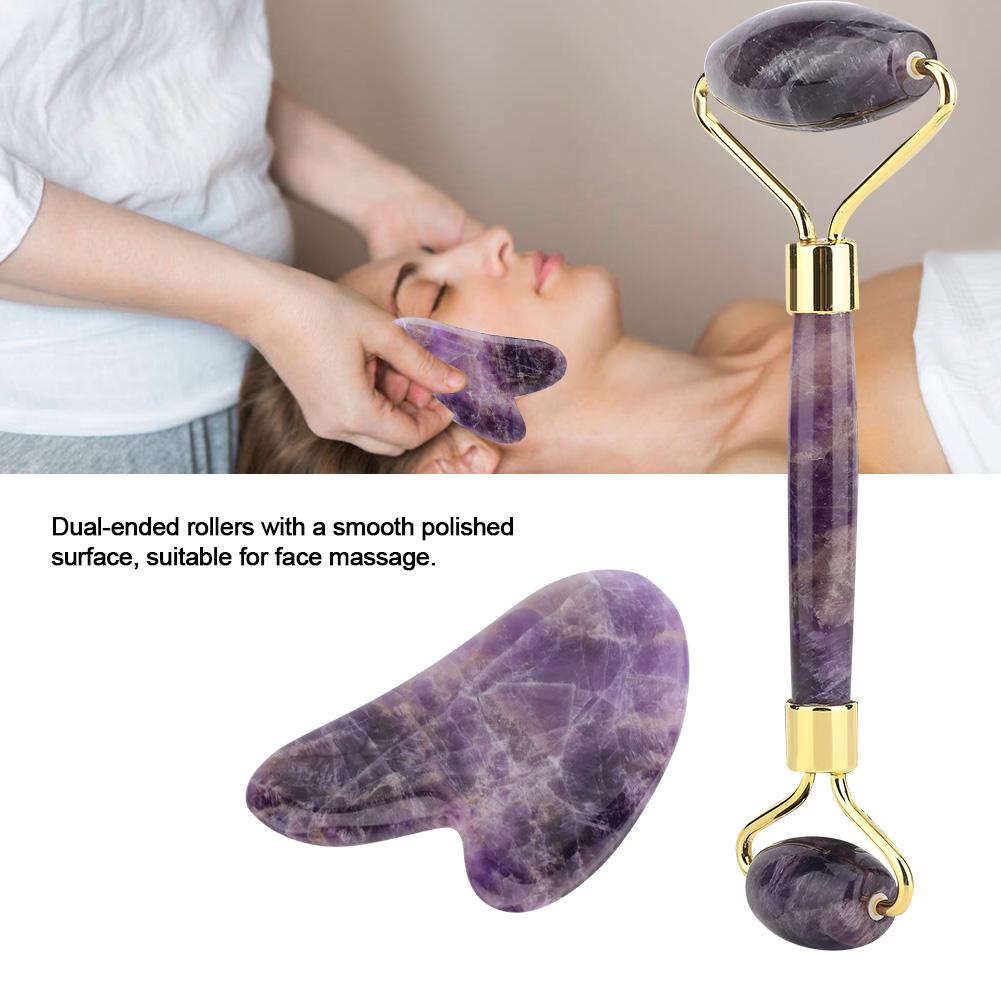 Natural Amethyst Double Head Jade Stone Roller & Guasha Scrapping Plate Face Massage Tool Kit