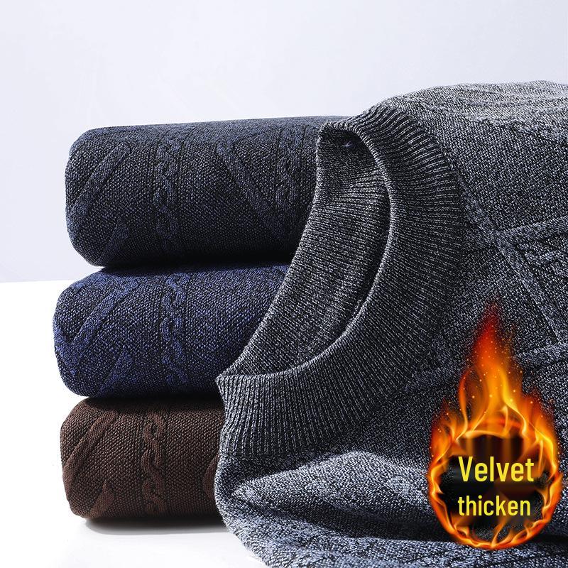 Men's Autumn/Winter Fleece-Lined Sweater for Middle-Aged & Elderly - Warm, Thick, Round Neck Design