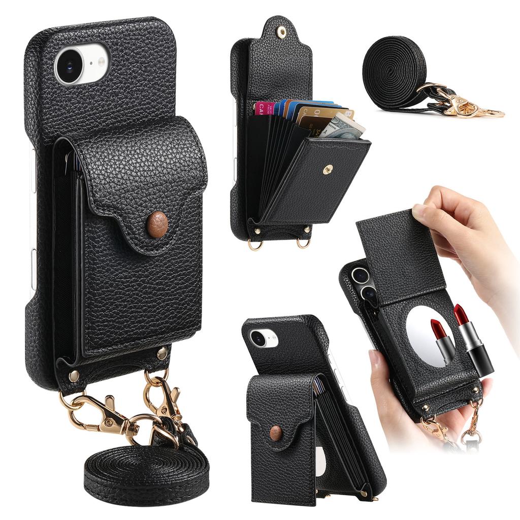 For iPhone 16e Case Mirror Card Holder Litchi Texture Leather Phone Back Cover with Long Strap