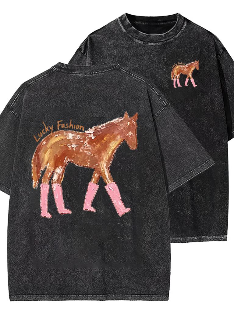 Vintage Horse Graphic Washed T Shirt Women Cute Pink Boots Pony PrintTee Funny Western Style Casual Streetwear Top