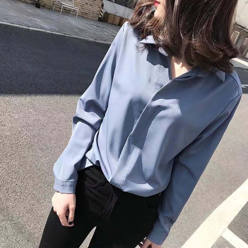 V-neck Chiffon Shirt Women's Long-sleeved Loose Pullover Shirts Korean Style Temperament Solid Color Double Layer Collar Shirt Blue White Casual Shirt