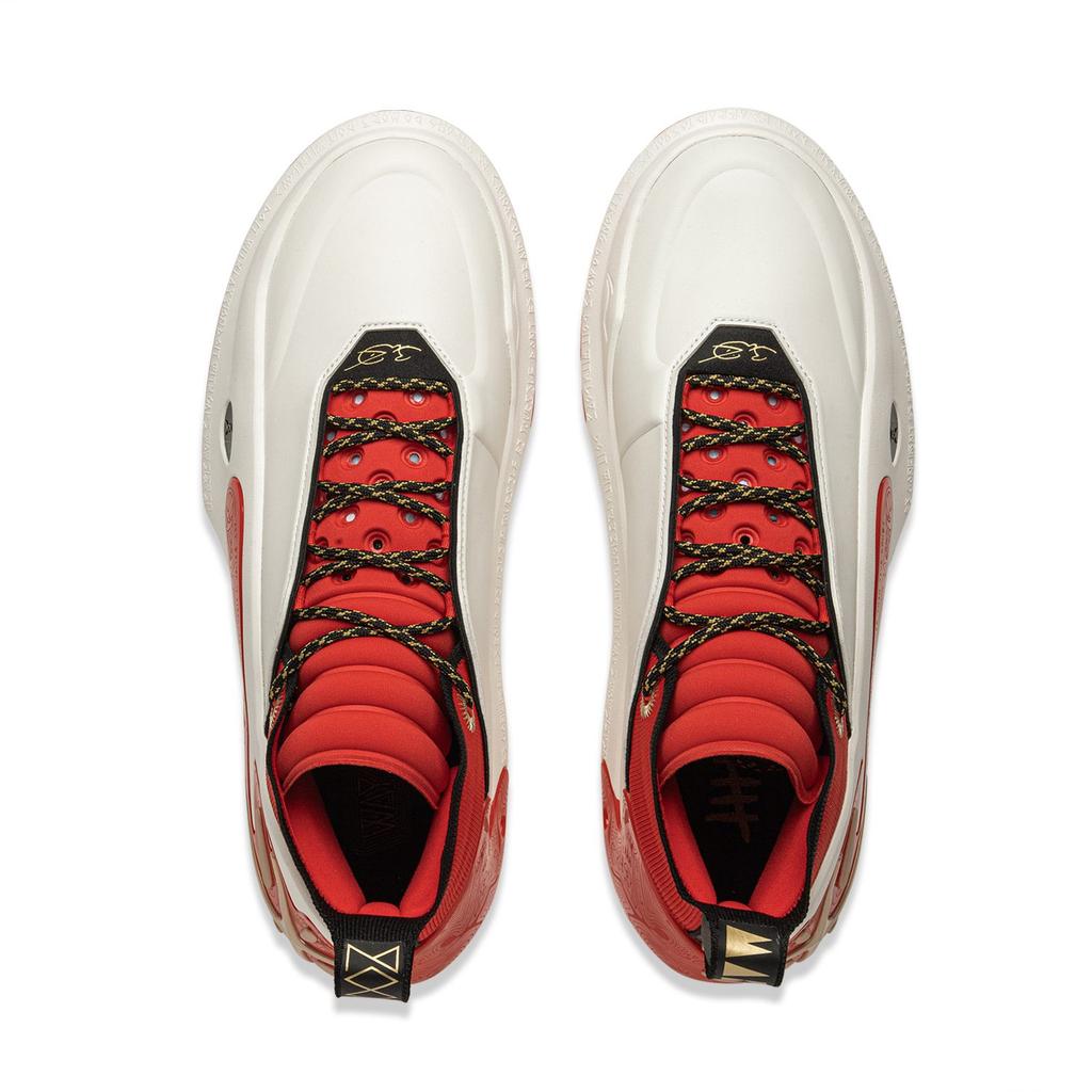 Li Ning Wow11 Cushioning Slip Resistant Abrasion Resistant Lightweight Rebound Mid Top Basketball Shoes Men's White Red ABAU049-9
