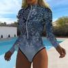 Women Long Sleeve One Piece Swimsuit Zip Front  Splashed Ink  Print Rash Guard Surfing Bathing Suit