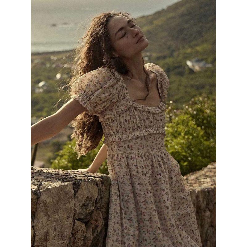 Fresh French Pastoral Oil Painting Sense Square Collar Dress