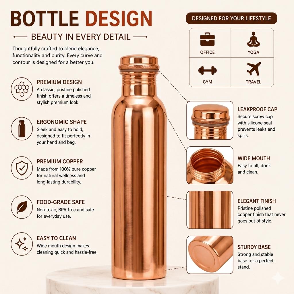 Set di Bottiglie d'Acqua in Rame Puro Nirmal Ganga - 1 Litro Ciascuna, Design Semplice Premium, Qualità Superiore in Rame Puro//Confezione da 3
