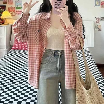 Chaqueta Camisa de Mujer 2025 American Street Cuadros Rosas Manga Larga - Holgada Casual Tendencia Primavera/Otoño