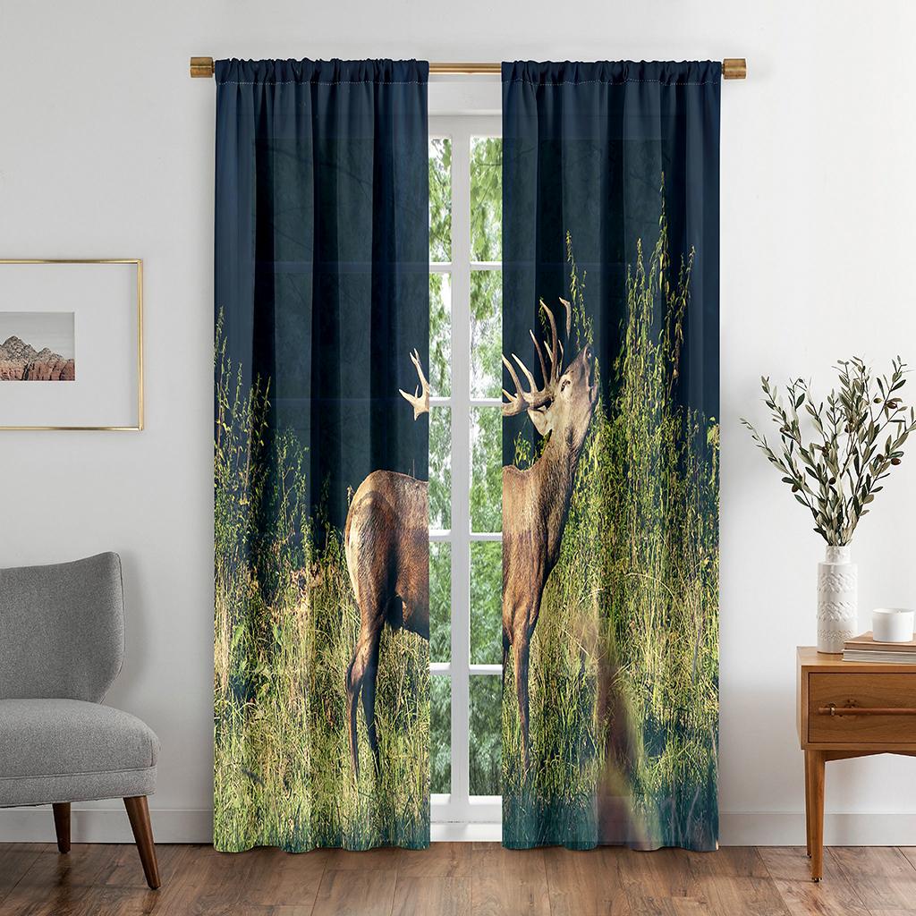 Natural Deer Animal Plant Vibrant Green Window Panel Drapes in Children Bedroom Living Room Hall Treatments Kitchen Decor Drapes Blinds