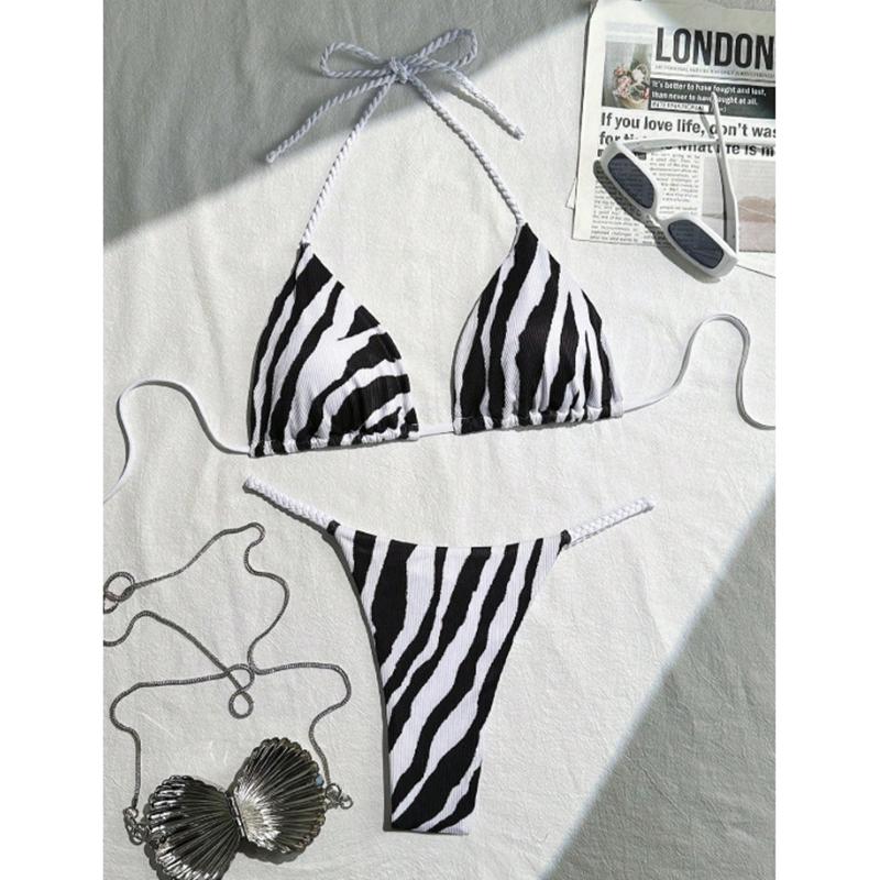 Zebra Halter Mini Thong Bikini Women Swimwear Female Swimsuit Two-pieces Bikini Set Padded Bather Bathing Suit Swim