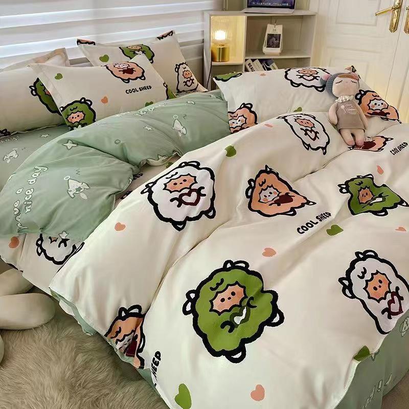 Washed Cotton Bed Four-piece Set Simple Bedding Quilt Cover Bed Sheet Dormitory Three-piece Set