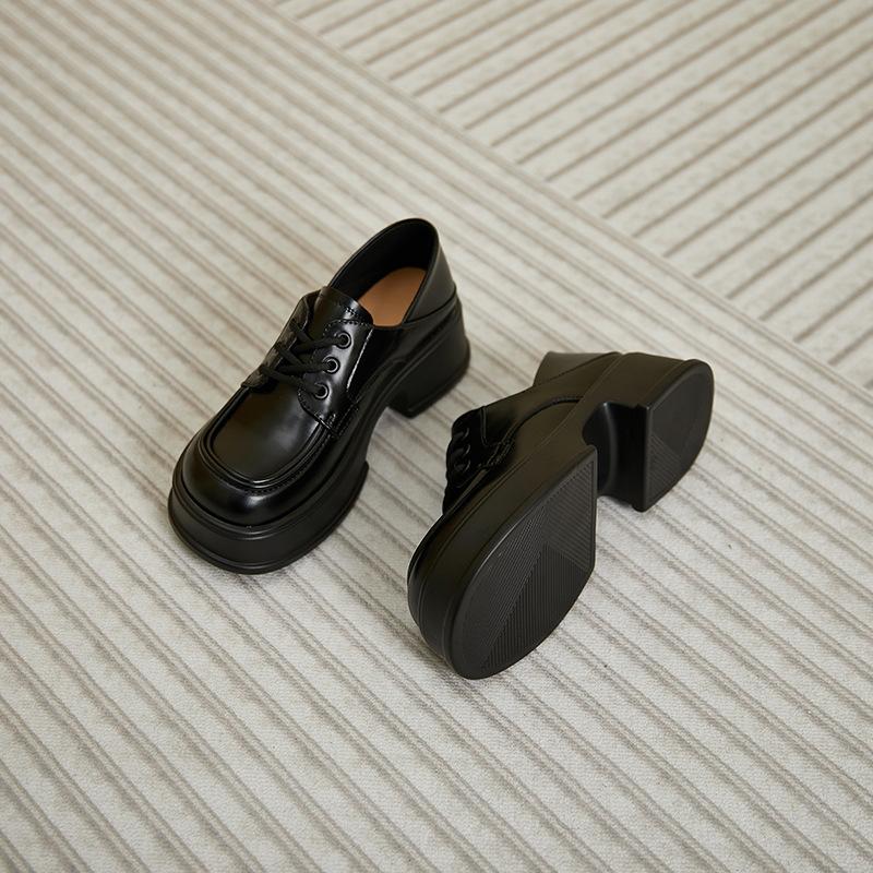 2025 spring new British style lace-up platform loafers retro round head small leather shoes women's genuine leather heightening women's shoes