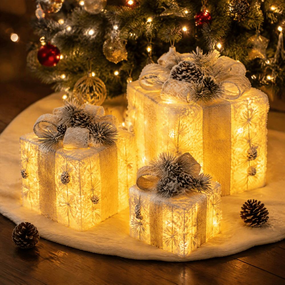 3pcs Plush Design Christmas Light Up Boxes Versatile Lighted Gift Boxes Outdoor Decor