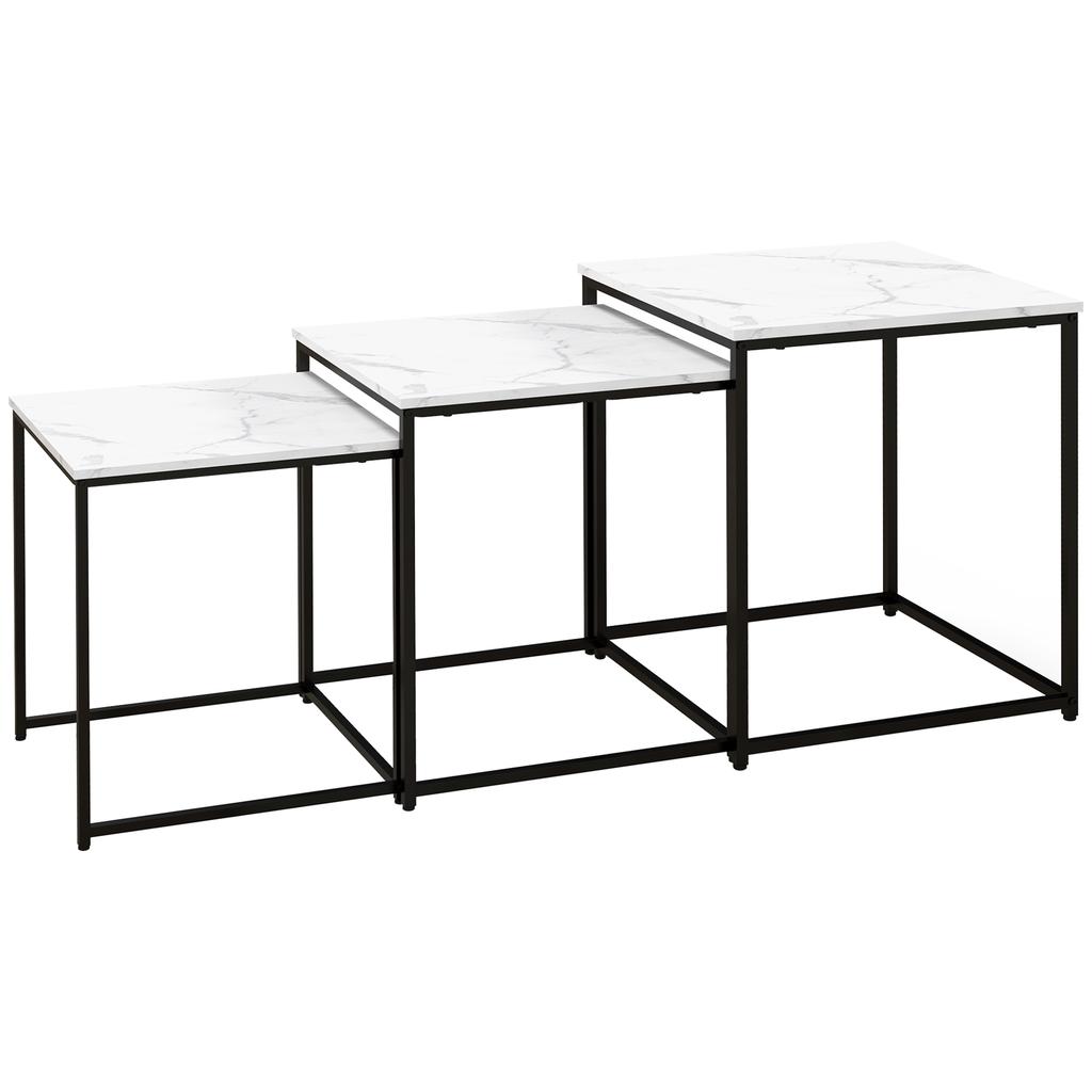 Nesting Side Tables, 3-Piece, Marble Effect, Steel Frame, White