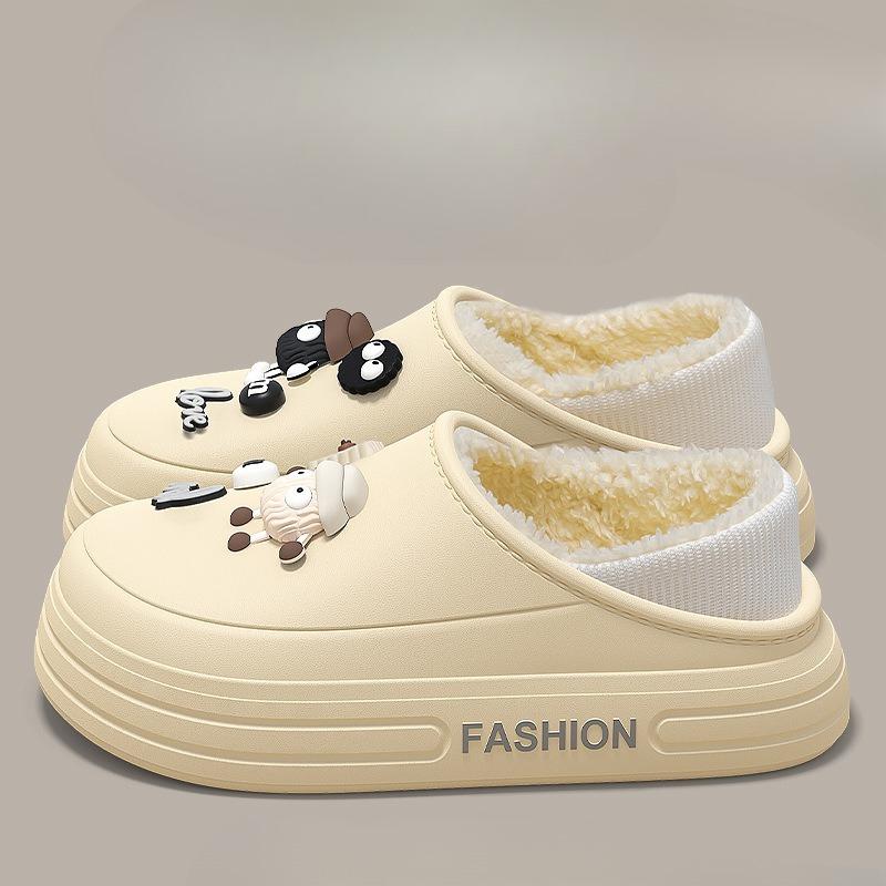 Women's Indoor Home Slippers: Thick-soled Warm Shoes with Fleece Bags and Waterproof Cotton Heels