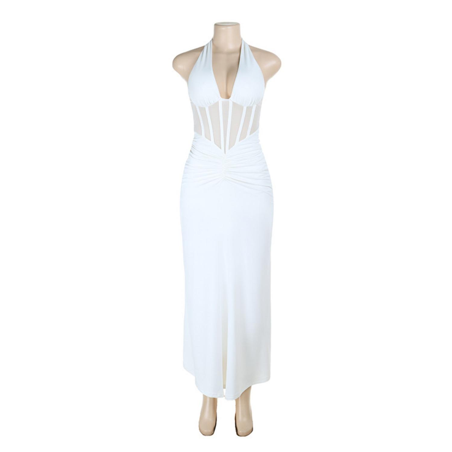 Women s Halter Neck Sleeveless Backless Maxi Dress Solid Color Elegant Ruched Party Gowns XS