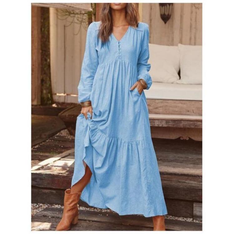 Boho Vintage Womens Maxi Dress Loose Cotton Linen Long Sleeve V Neck Button Down Pocket Dress Femme Robe Fall Winter