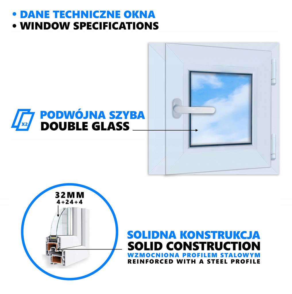 Fereastră PVC STANDARD albă 40x40 cm DREAPTA nouă 400x400 mm deschidere laterală