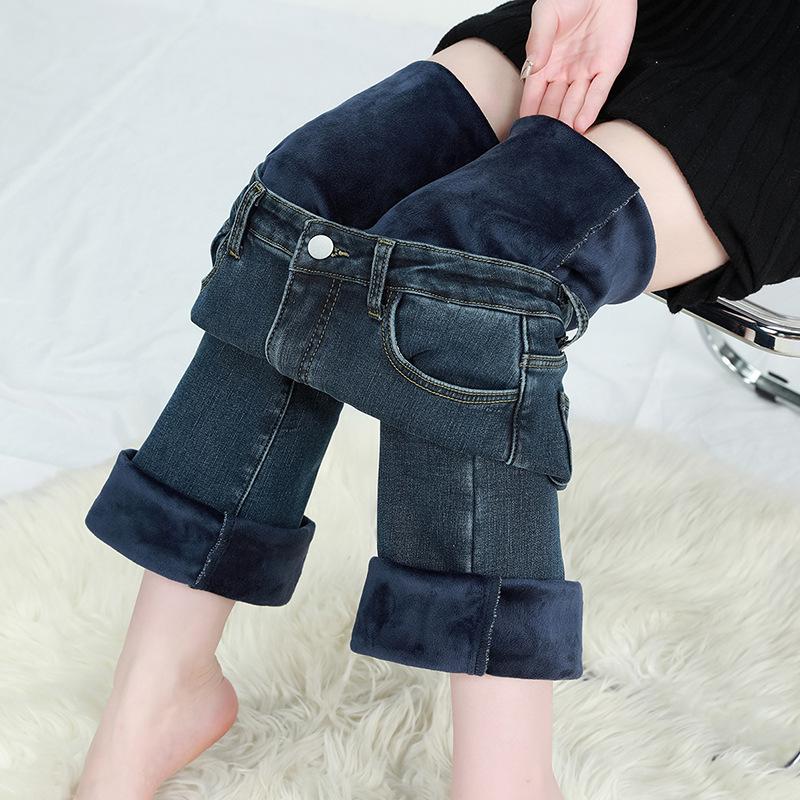 Winter Fleece Women's Flare Pants Retro Slim High Waist Elastic Thick Warm Denim Pants Fashion Korean Clothes