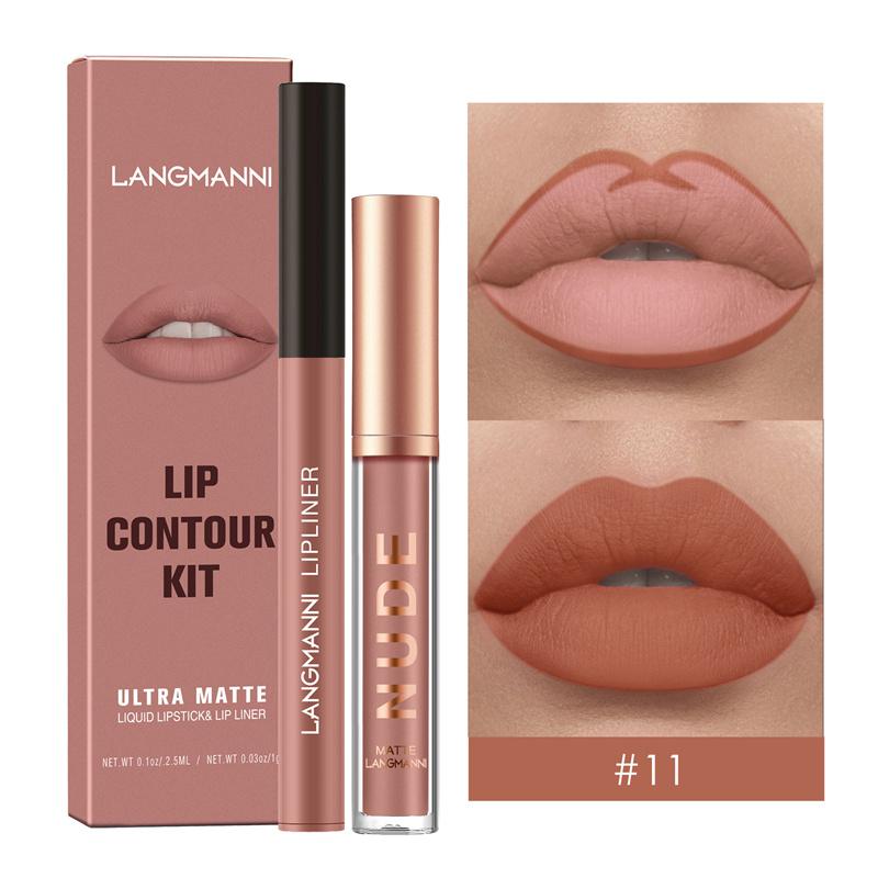 2-teilige Kombination aus Lippenkonturenstift und Lipgloss, wasserfest, langanhaltend, samtig, nackt, sexy, nicht klebender, matter Lippenstift, Lippenkonturenstift