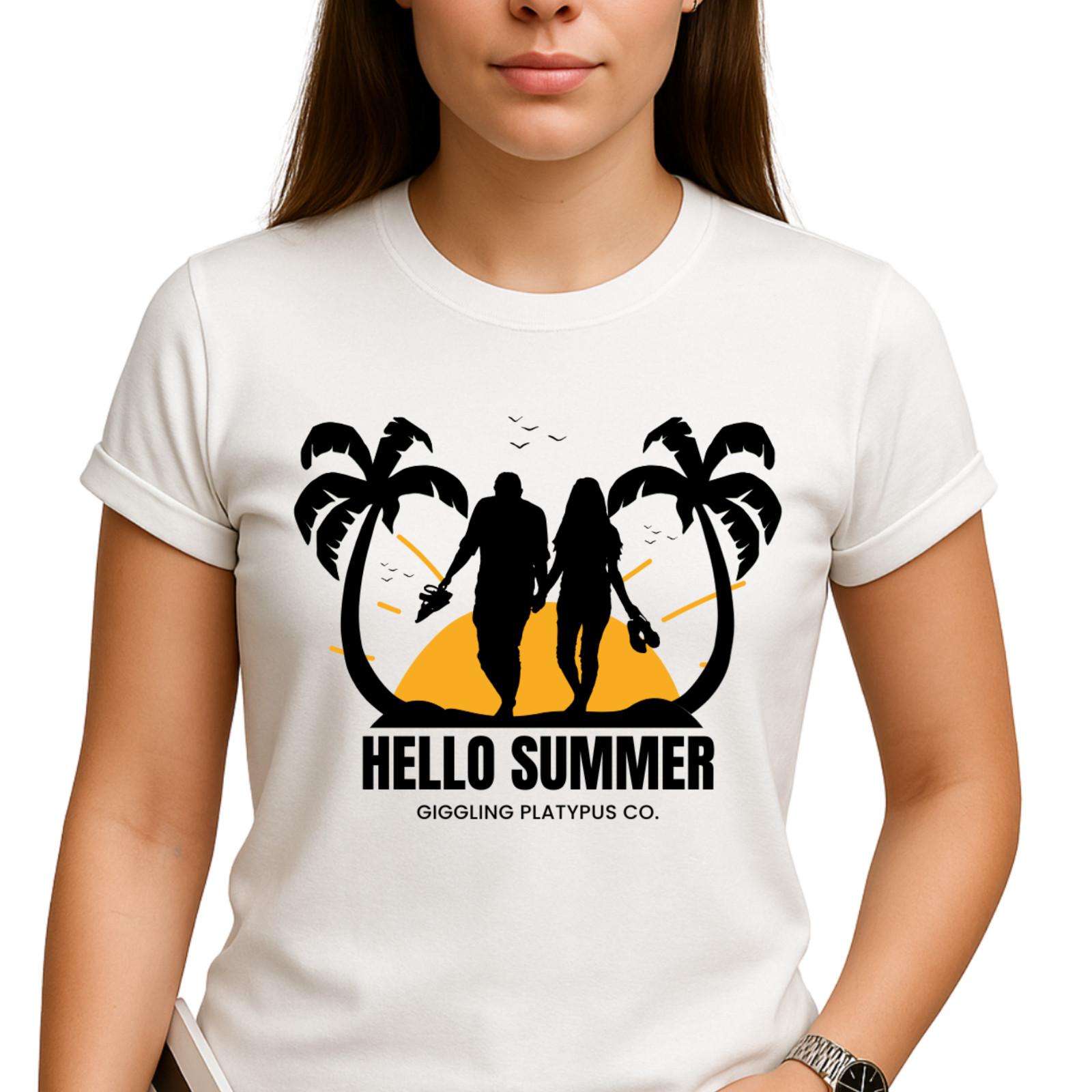 

Hello Summer Beach T-Shirt Mens Womens Tees Top | Couple Palm Trees ,Perfect for Summer Festivals 2XL