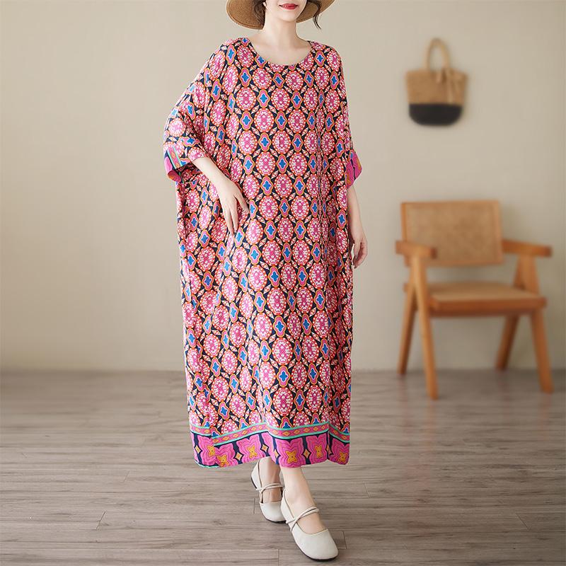 

Dimanaf 2025 Лето Плюс Размер Платье Базовое Женское Повседневное Длинное Винтажное Новое Оверсайз Свободное Платье Макси One Size розы красного