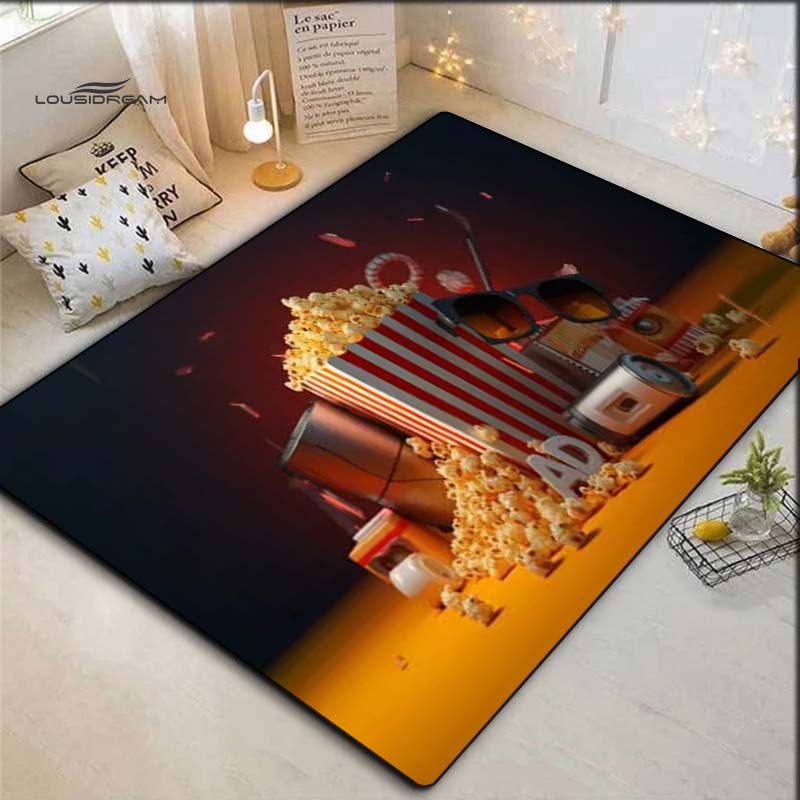 Vintage Cinema Popcorn Drink Glasses Print Area Rug Movie Theme Non‑Slip Rectangular Floor Mat Game Room Living Bedroom Home Decor Rug