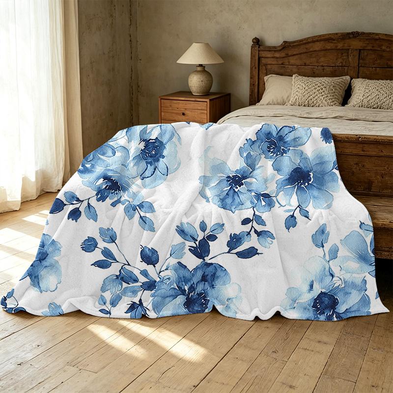 Soft Flannel Fleece Blanket, Blue Floral Pattern Machine Washable, Warm Cozy Throw for Home, Office Napping, Christmas & Halloween