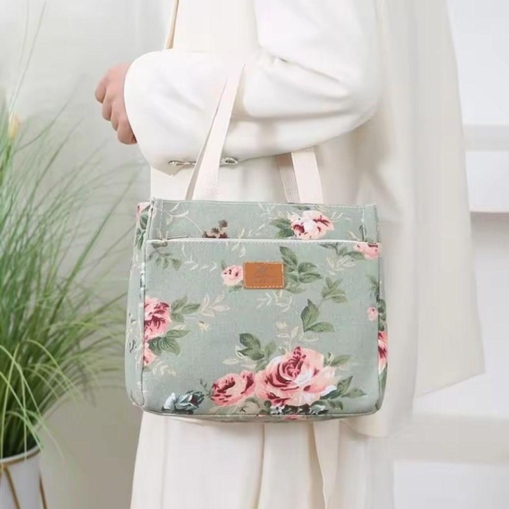 Portable Canvas Lunch Bag Floral Print Large Capacity Ice Bag Foil Lining Lunch Box Handbag for Women