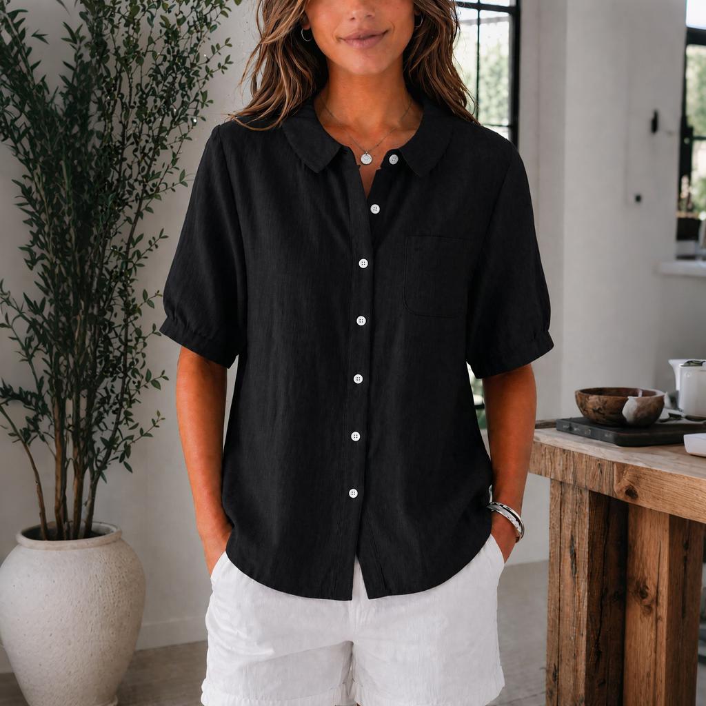 Women Lightweight Linen Cotton Shirt Short Sleeve Button Down Loose Fit Casual Workwear Blouse with Pocket Summer Top