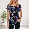 Women Summer T Shirt Orange Peony Print Short Sleeve Tees Casual Printed Tops