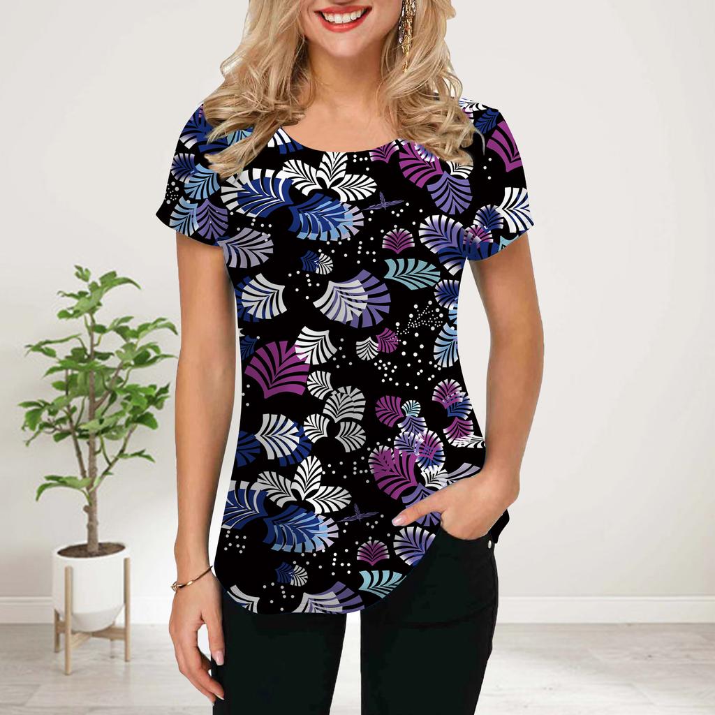 Women Summer T Shirt Orange Peony Print Short Sleeve Tees Casual Printed Tops