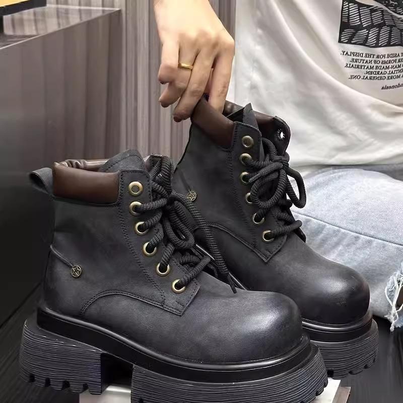 Retro Polished Leather Lace-up Platform Locomotive Martin Boots Women's British Style Big Head Thick Heel Heightening Short Boots Big Yellow Boots