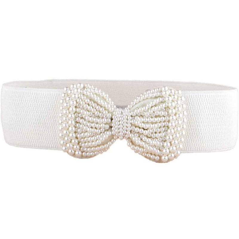 Women Pearl Bow Belt Elegant Wide Elastic Waist Cincher Fashion Accessory Dress Sash Wedding Party Waistband Stylish Adjustable All-Match Solid Color