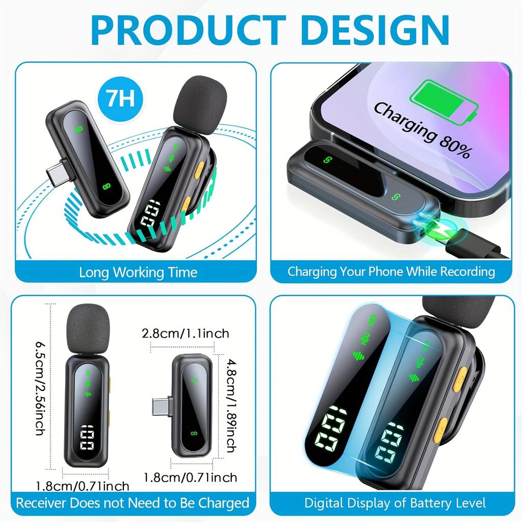 high qualityHITOZON Professional Wireless Lavalier Microphone with LED Power Display, Plug & Play, USB-C, Rechargeable Battery, Ideal for Content